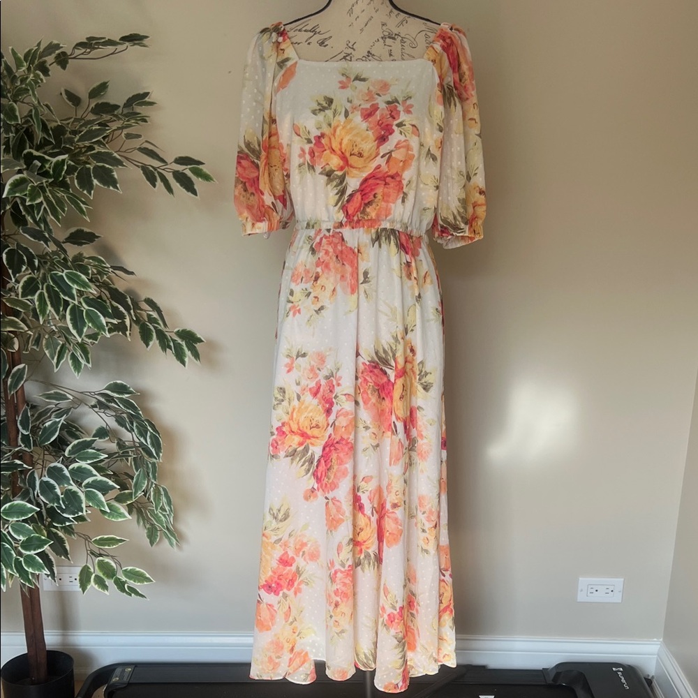 Anne Klein Women’s Floral Maxi Dress with Puff Sleeves Size Medium
